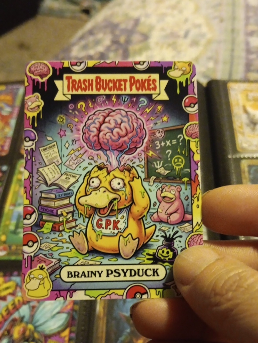 Trash Bucket Pokés "Brainy Psyduck" Sticker Card - Bright Pink & Yellow